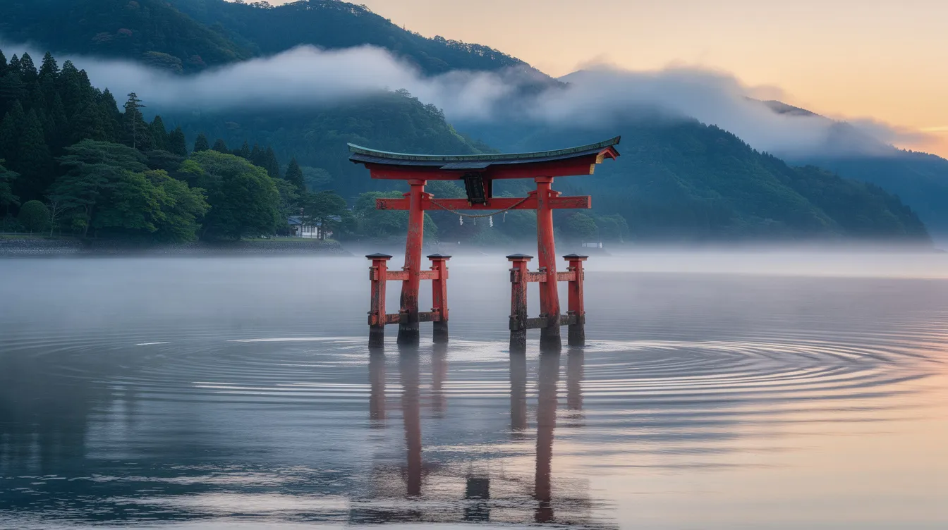 The iconic floating torii gate of Itsukushima Shrine on Miyajima Island at high tide, with forested mountains in the background — one of Japan's most visited tourist sites.
