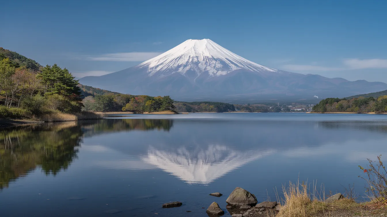 Snow-capped Mount Fuji reflected in a calm lake framed by trees — Japan's most iconic natural landmark and a must-see Japanese tourist site.