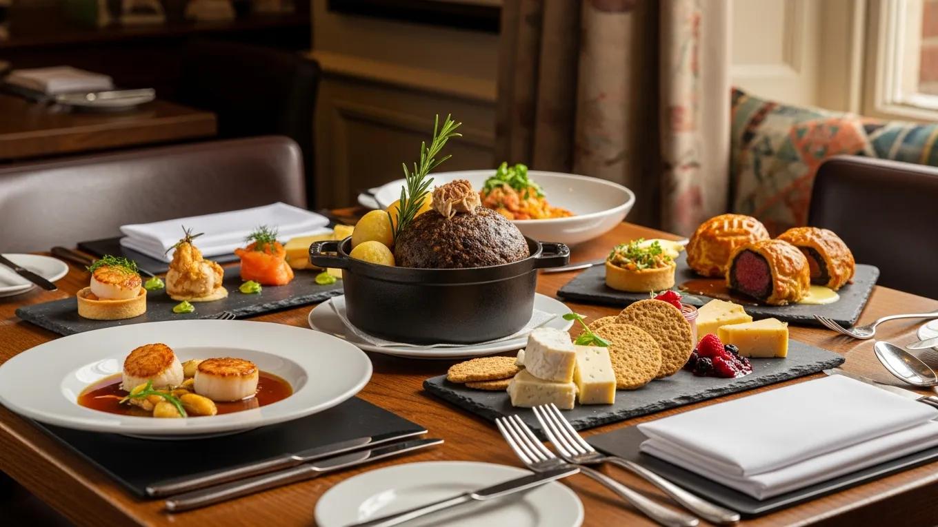 A table set with traditional Scottish cuisine and modern dishes, highlighting Edinburgh's vibrant culinary experiences