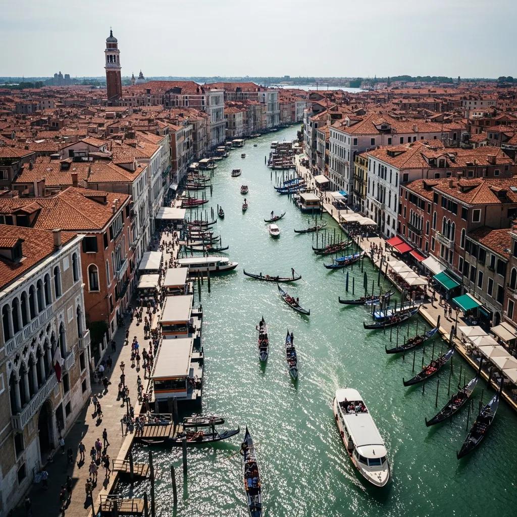 Aerial view of the Grand Canal in Venice with gondolas and historic buildings