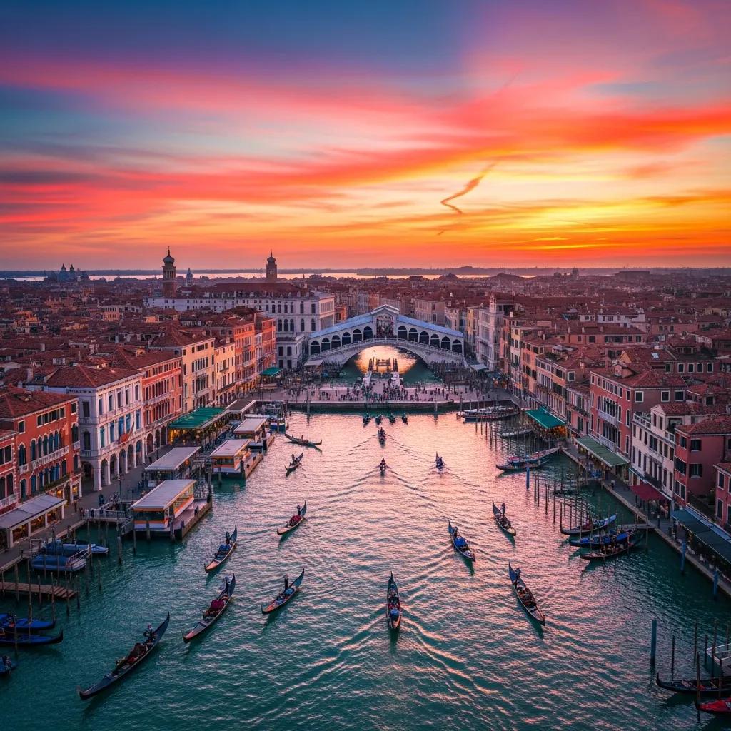 Aerial view of Venice canals and architecture at sunset, highlighting the city's beauty
