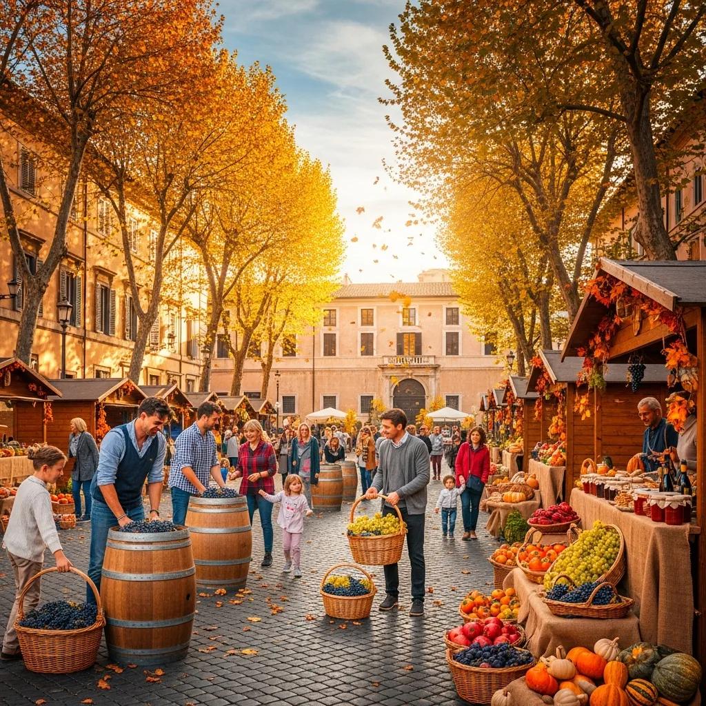 Autumn in Rome with golden leaves and a grape harvest festival