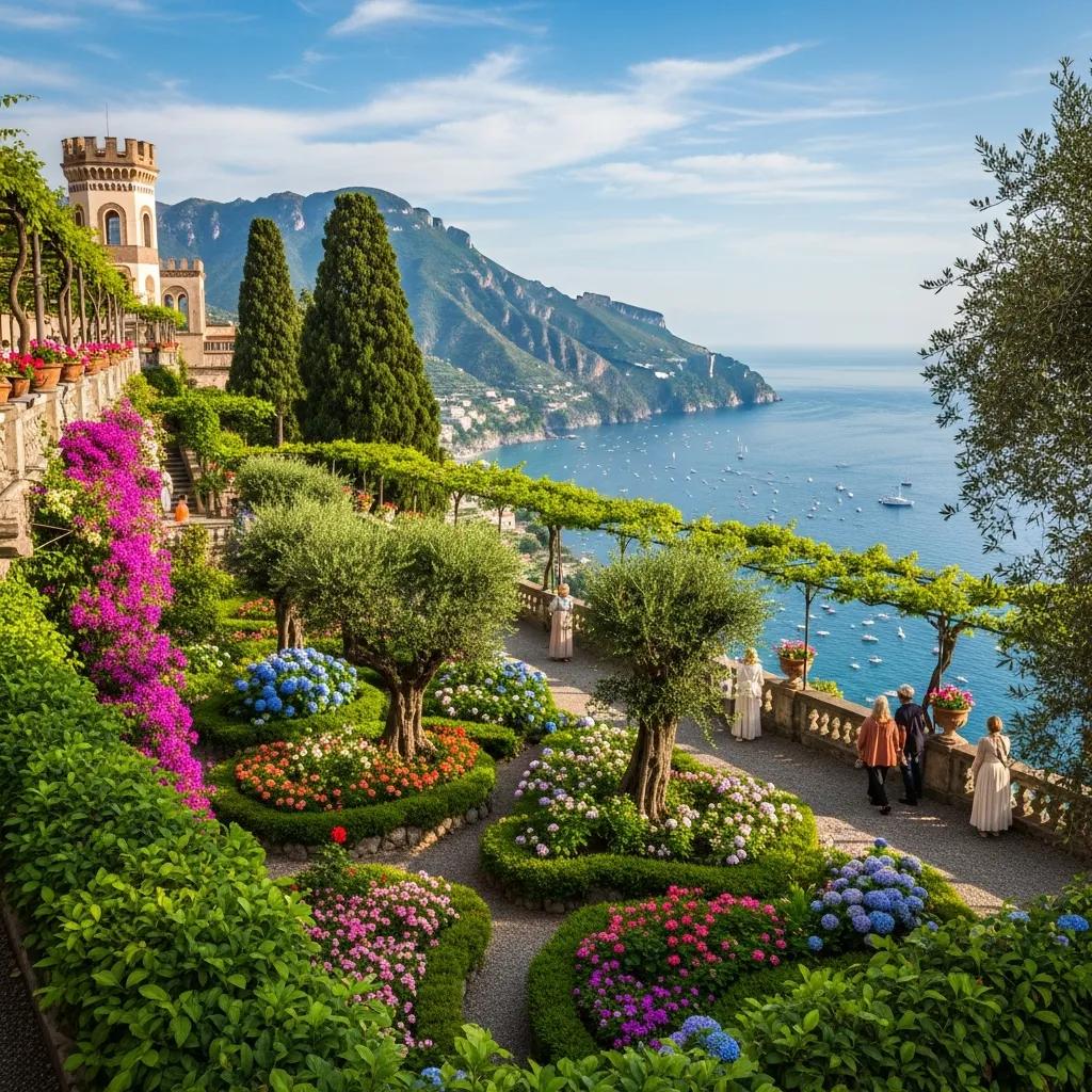 Beautiful gardens of Villa Rufolo in Ravello with coastal views