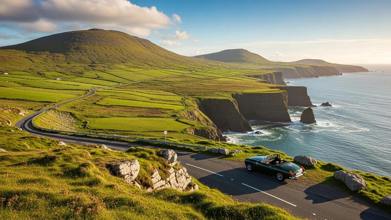 Breathtaking Irish landscape with rolling hills and coastal road