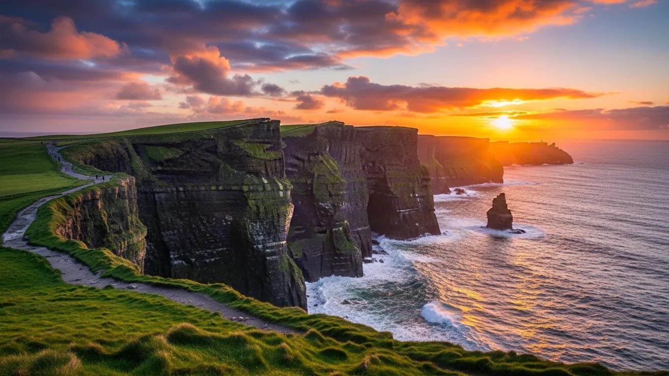 Breathtaking view of the Cliffs of Moher at sunset, highlighting Ireland's natural beauty