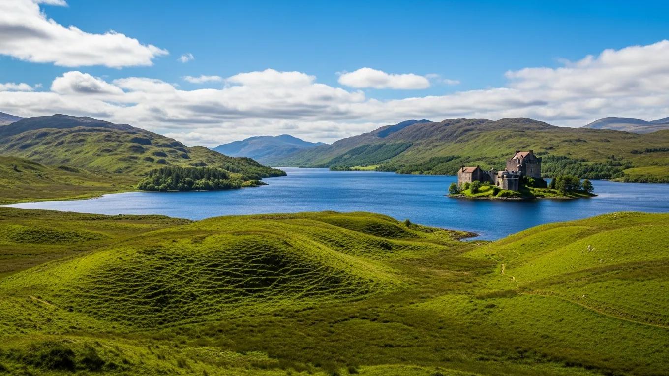 Breathtaking view of the Scottish Highlands with a loch and castle, representing Scotland's travel allure