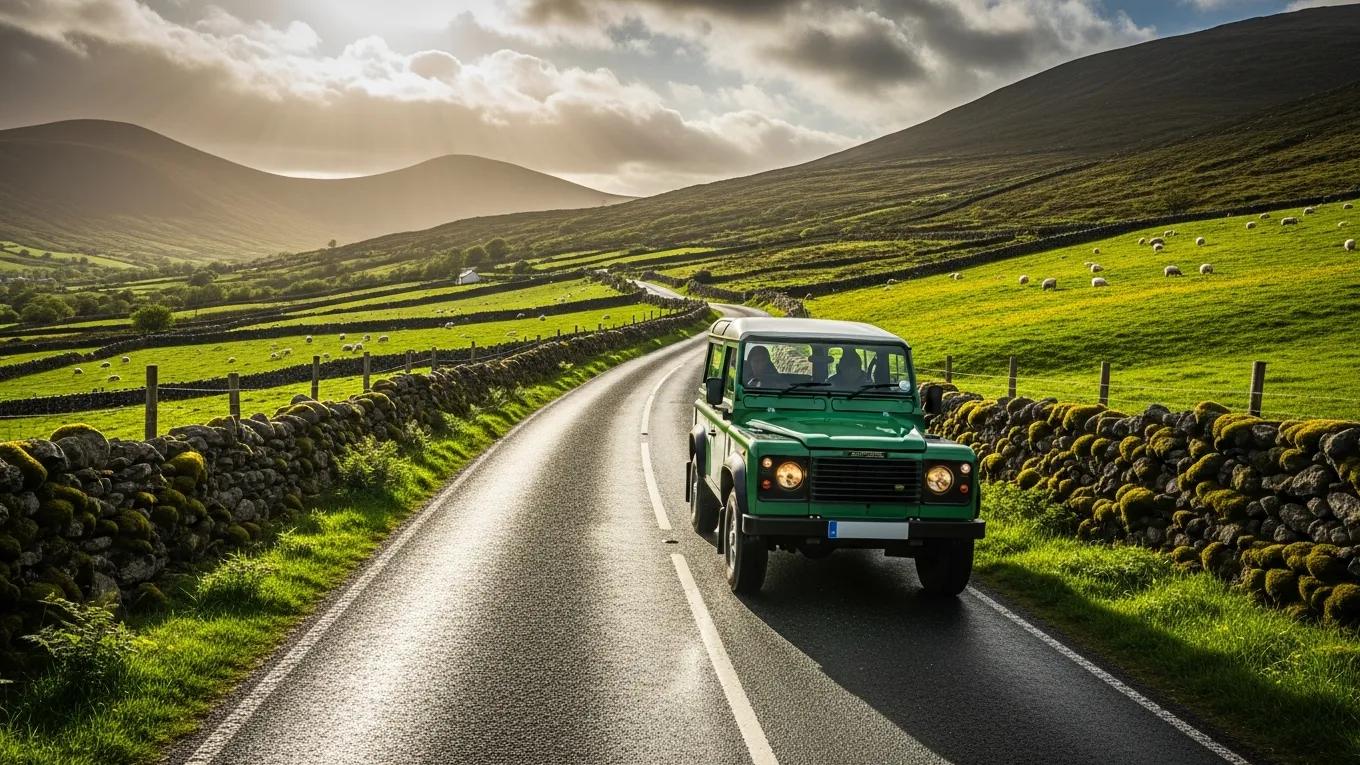 Car driving on a picturesque rural road in Ireland surrounded by fields