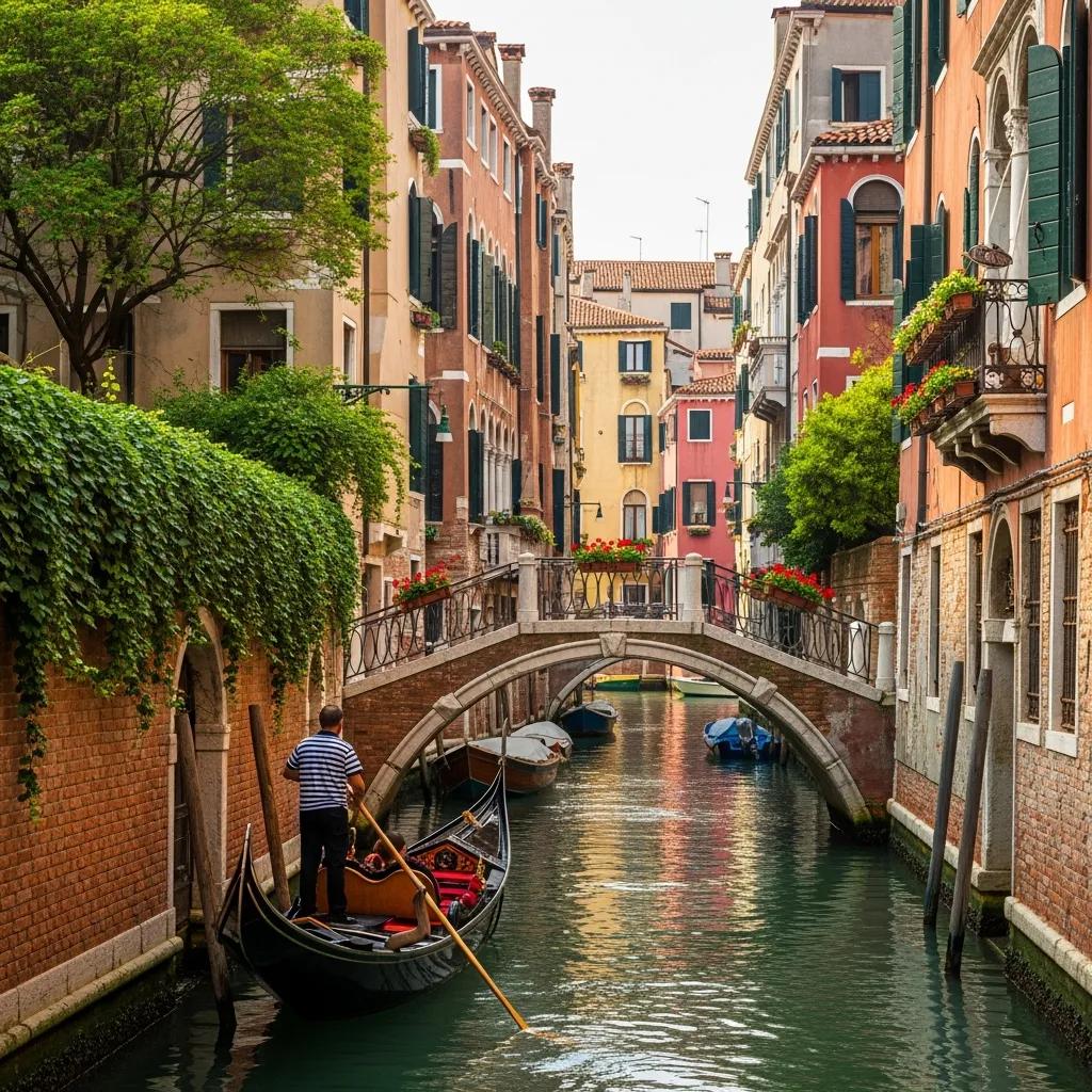 Charming hidden canal in Venice with traditional homes and a small boat, highlighting the city's secret waterways