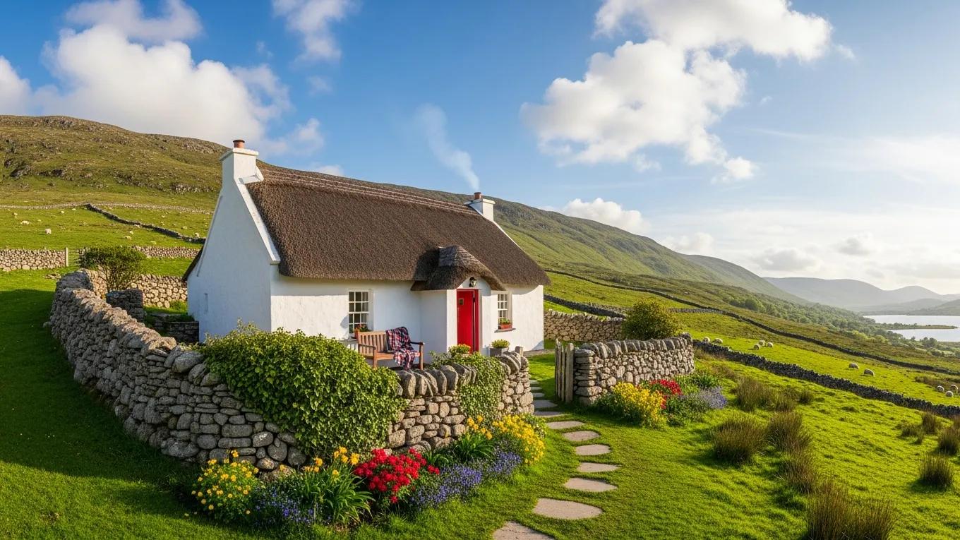 Charming Irish cottage in a lush green landscape representing ideal accommodations in Ireland
