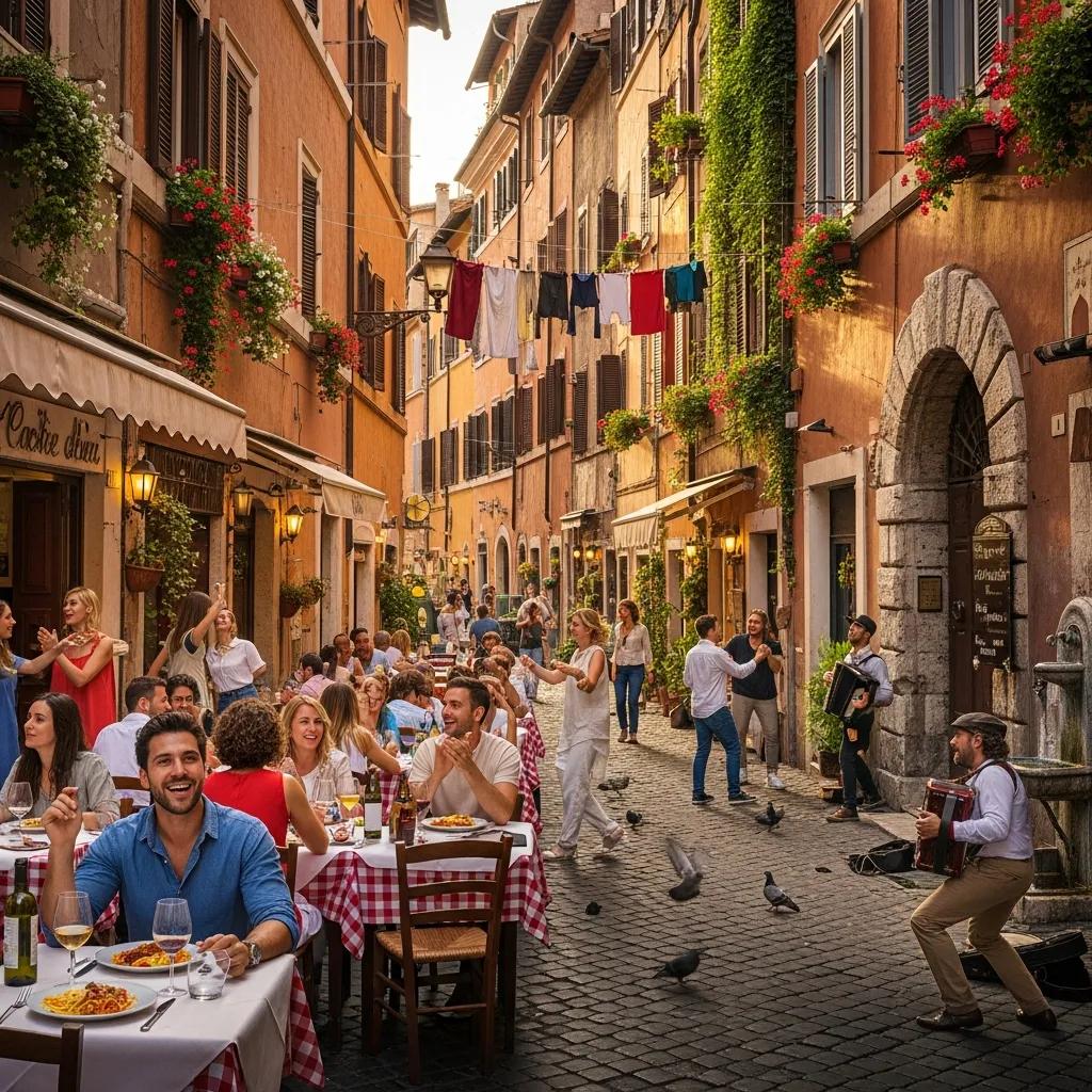 Charming street scene in Trastevere with locals dining and enjoying the vibrant atmosphere