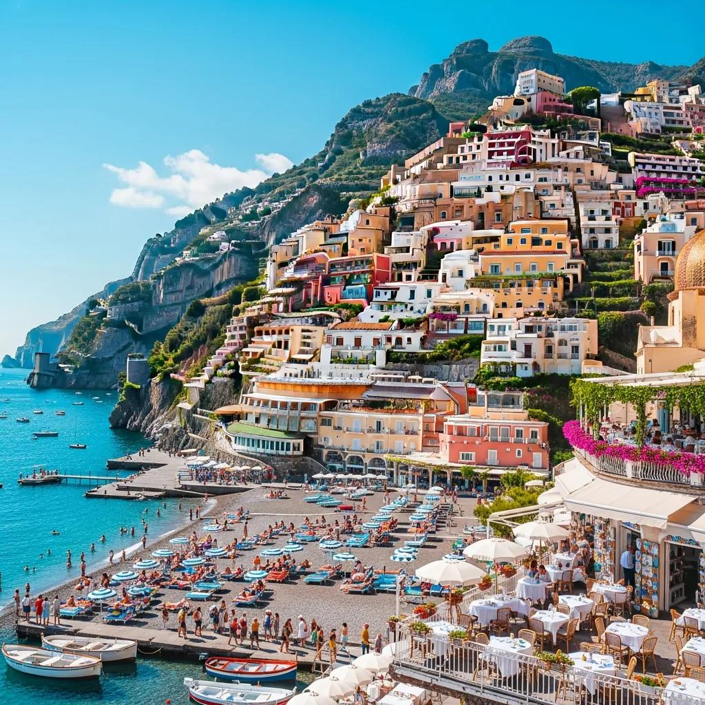 Charming view of Positano with colorful houses and beach activity
