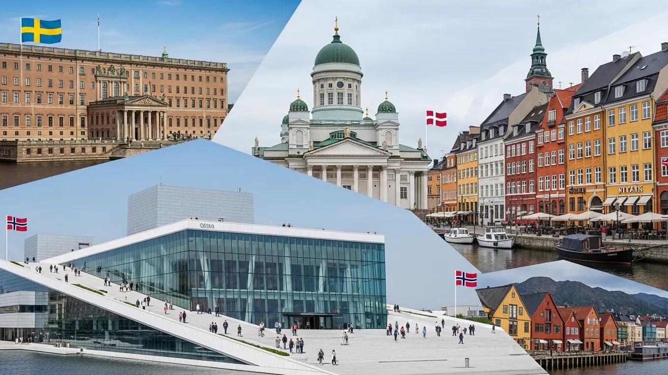 Collage of key attractions in Stockholm, Oslo, Copenhagen, Helsinki, and Bergen