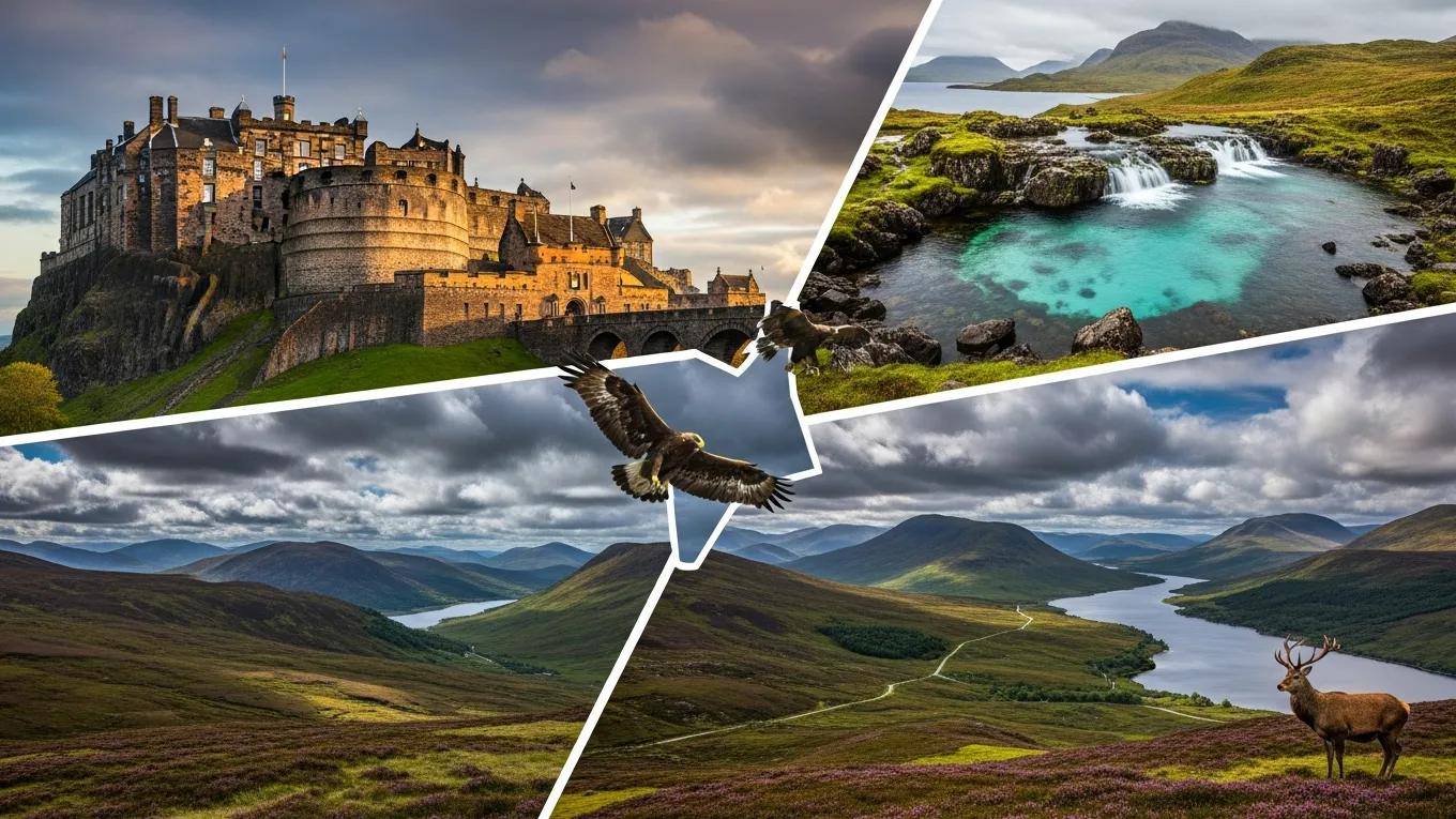 Collage of key Scottish destinations including Edinburgh Castle, Isle of Skye, and Scottish Highlands, enhancing the travel itinerary theme