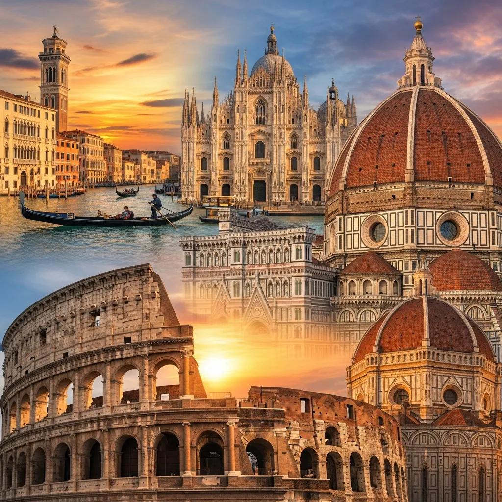 Collage of major Italian cities with landmarks like the Colosseum and the Duomo