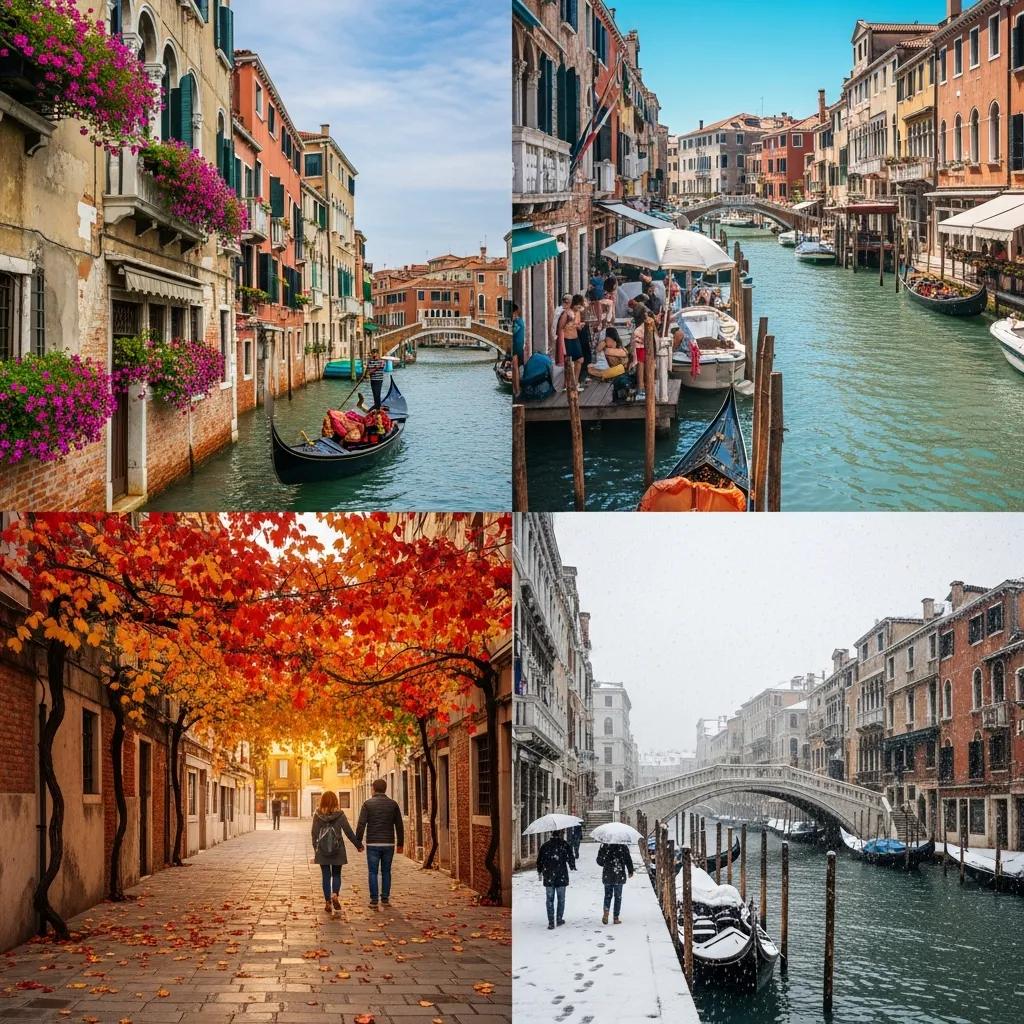 Collage of Venice in spring, summer, autumn, and winter showcasing seasonal weather variations