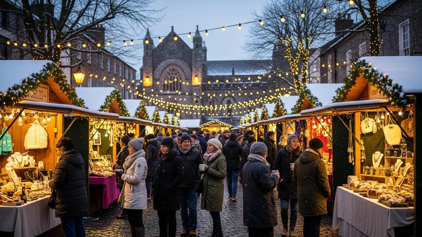 Cozy winter market in Ireland with festive decorations, local crafts, and people enjoying warm drinks, highlighting off-season travel advantages.