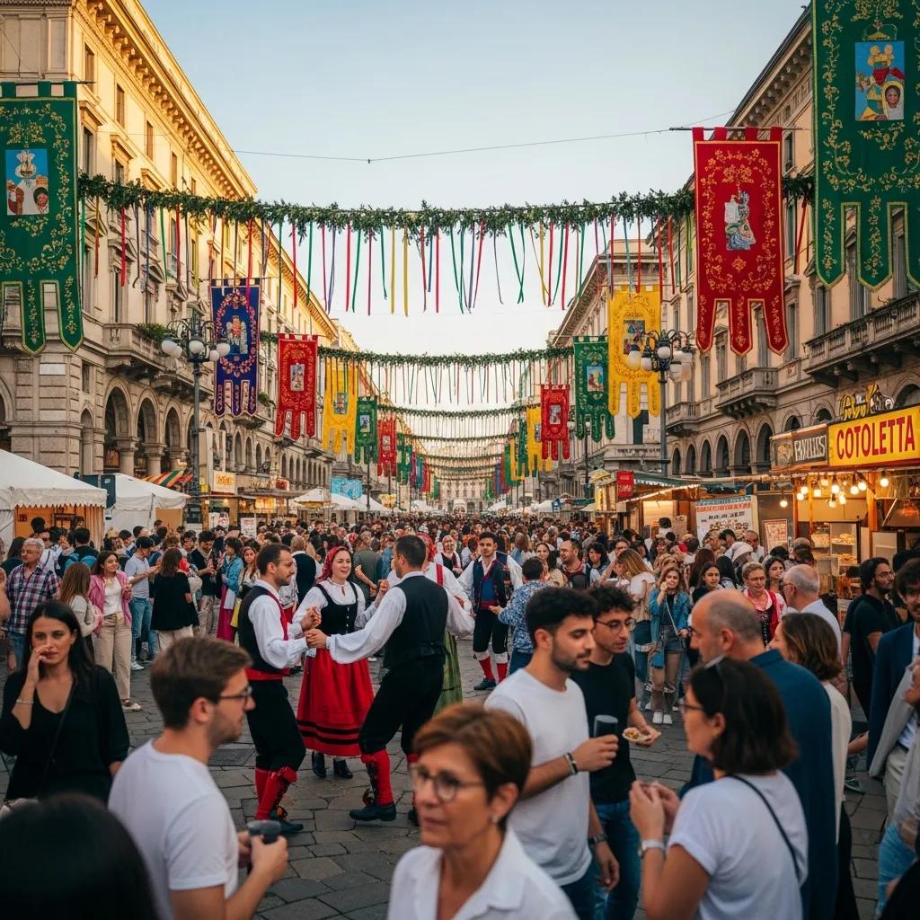 Cultural festival in Milan with locals and tourists enjoying traditional activities
