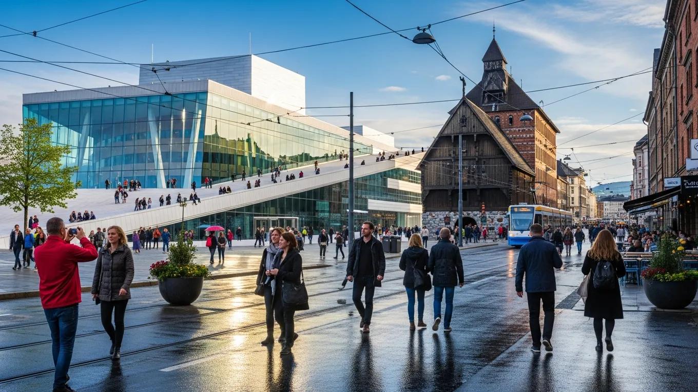Cultural scene in Oslo with the Opera House and Viking Ship Museum, reflecting Norway's urban charm