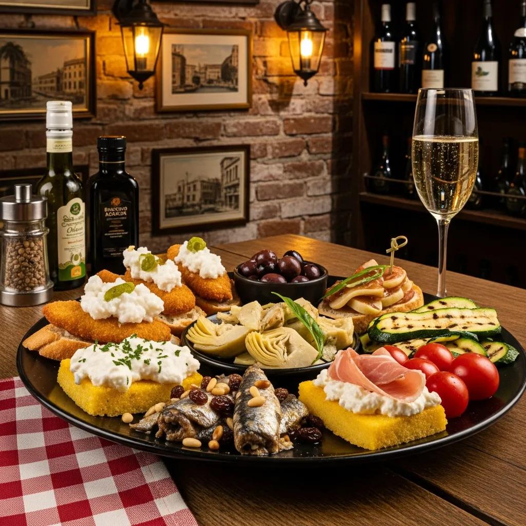 Delicious cicchetti platter showcasing traditional Venetian cuisine in a cozy restaurant setting