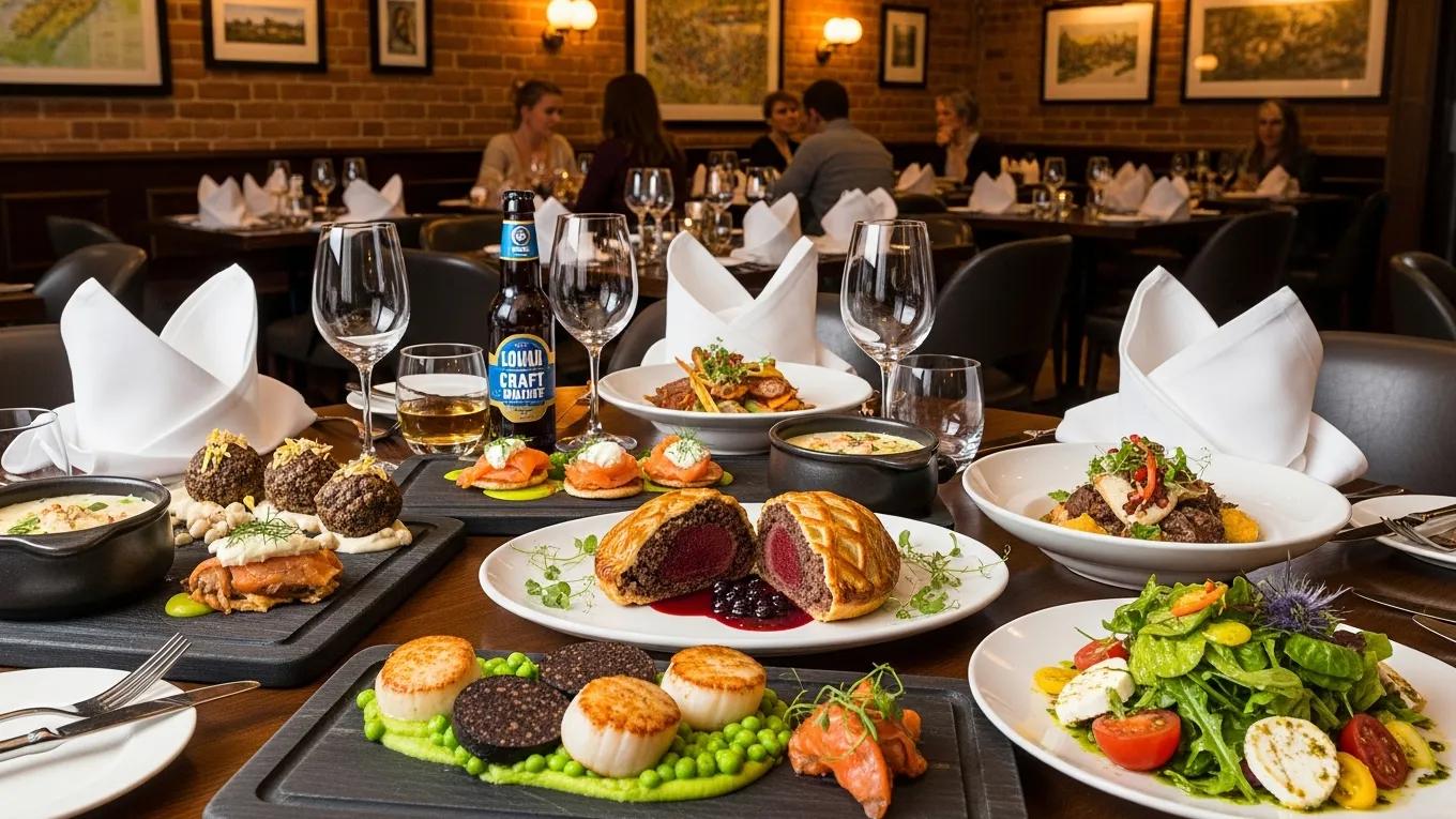 Dining table at a Glasgow restaurant featuring traditional Scottish cuisine and modern dishes