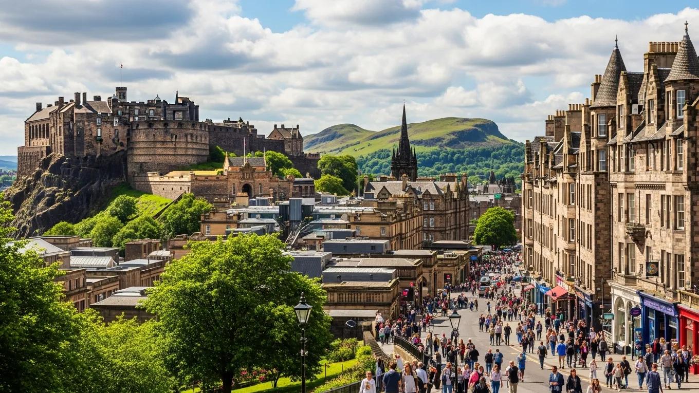 Edinburgh skyline with Edinburgh Castle and the Royal Mile, showcasing the city's rich history and vibrant atmosphere
