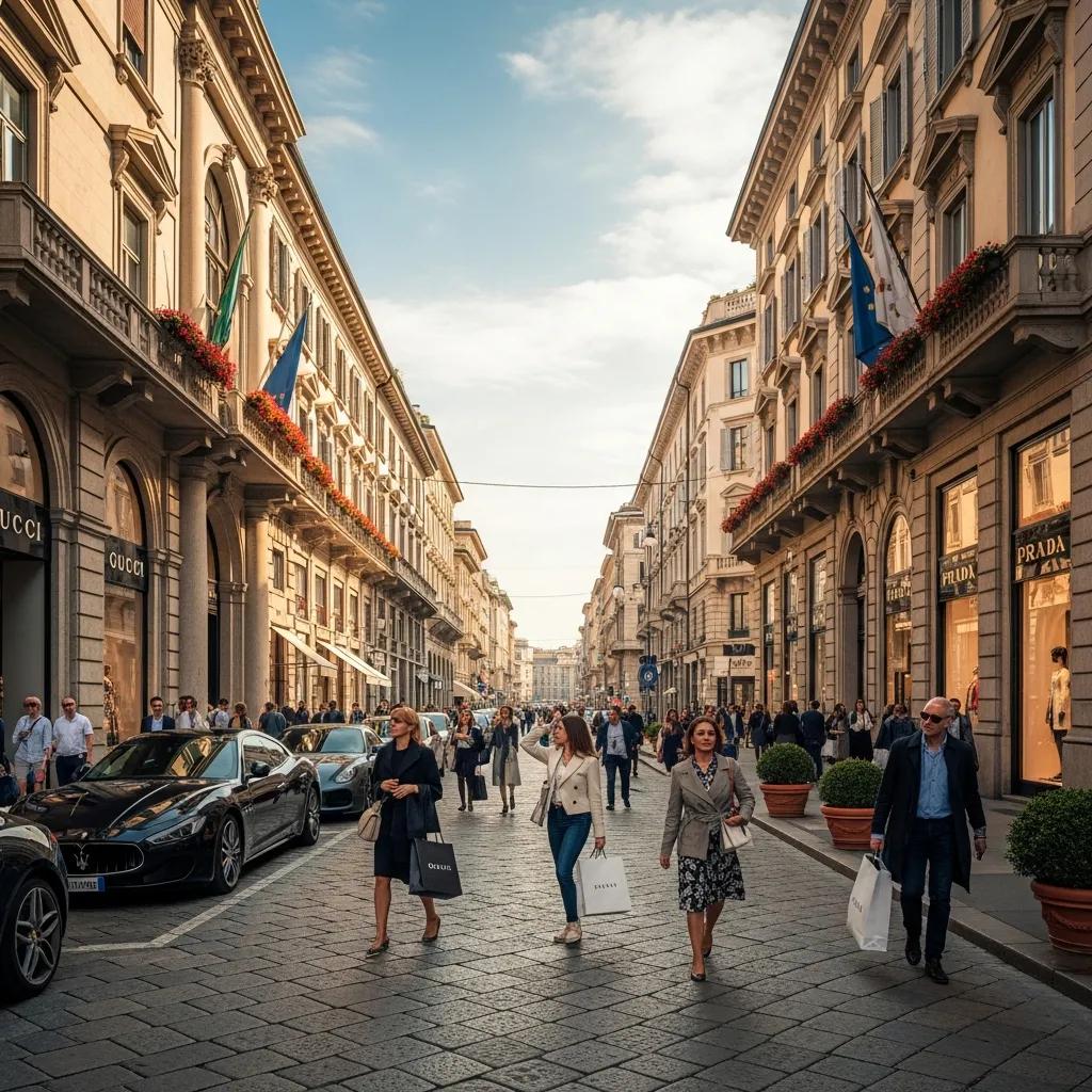 Elegant view of Quadrilatero della Moda with luxury fashion stores and shoppers