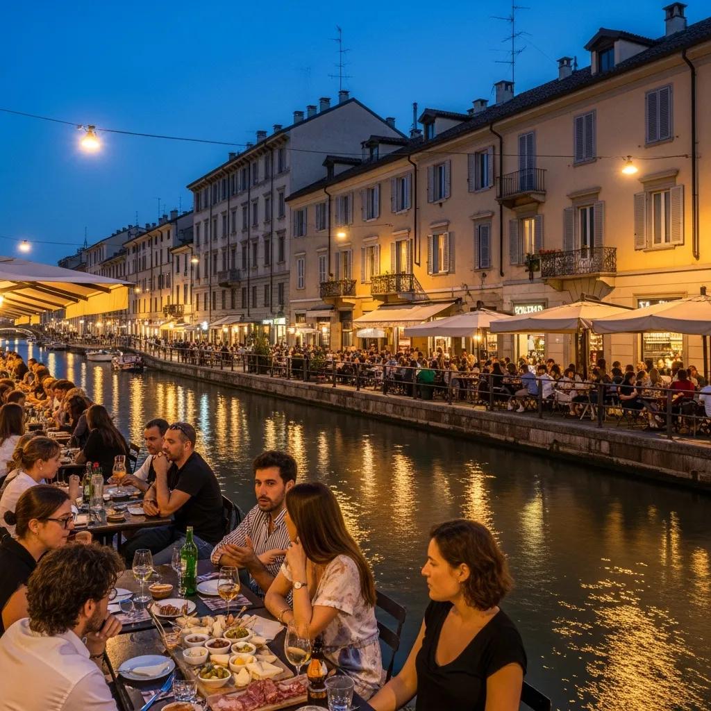 Evening scene in Navigli District with lively canals, bars, and diners enjoying aperitivo
