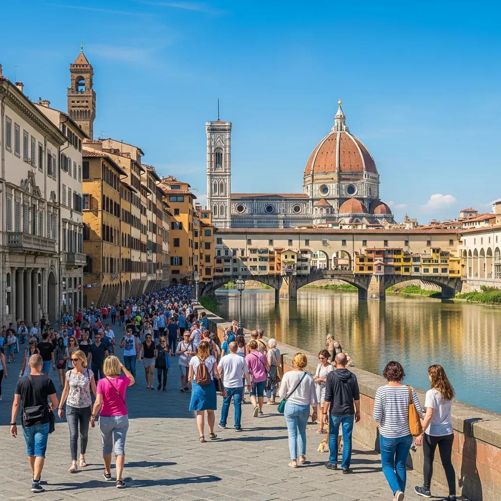 Florence landmarks including Duomo, Uffizi Gallery, and Ponte Vecchio with tourists
