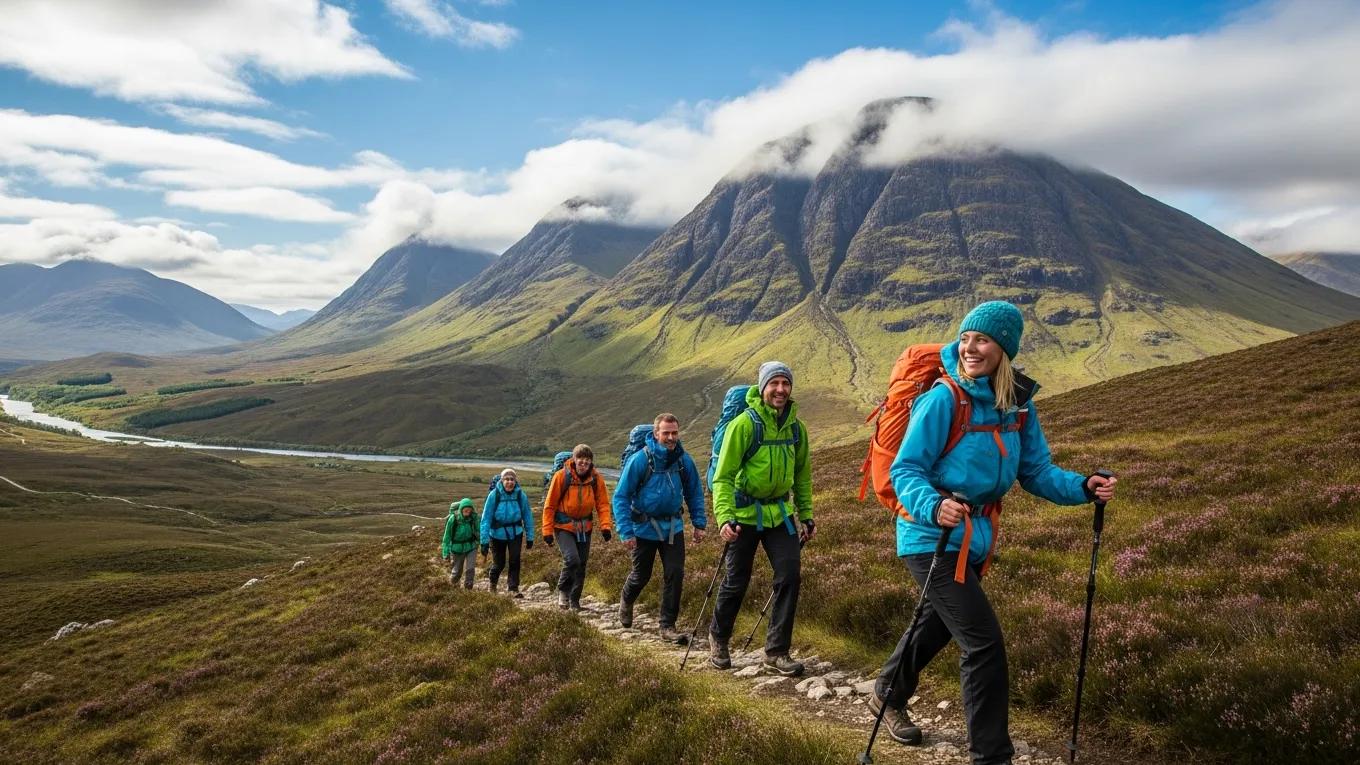 Group of hikers in the Scottish Highlands, illustrating outdoor adventures available in Scotland