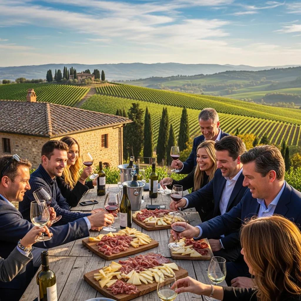 Guests enjoying a wine tasting experience in a Tuscan vineyard