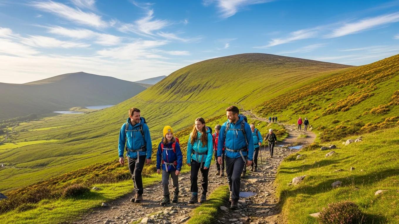 Hikers exploring the Wicklow Mountains in Ireland, surrounded by lush landscapes and clear skies