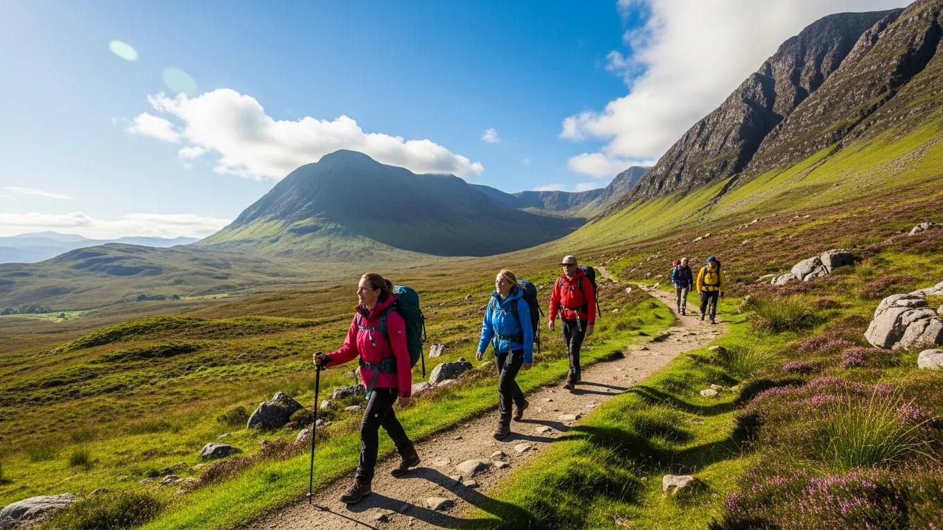 Hikers on a scenic trail in the Scottish Highlands, ideal for outdoor activities during the best visiting months