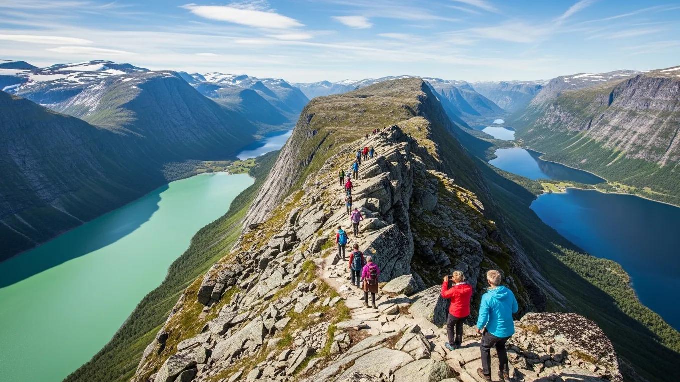 Hikers on Besseggen ridge with views of Gjende and Bessvatnet lakes, illustrating Norway's hiking opportunities