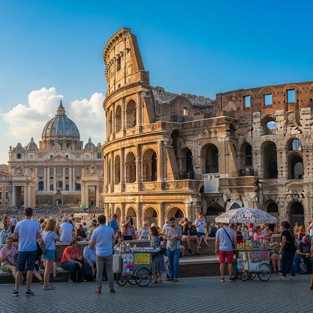 Iconic Roman landmarks including the Colosseum and St. Peter's Basilica with travelers enjoying the sights
