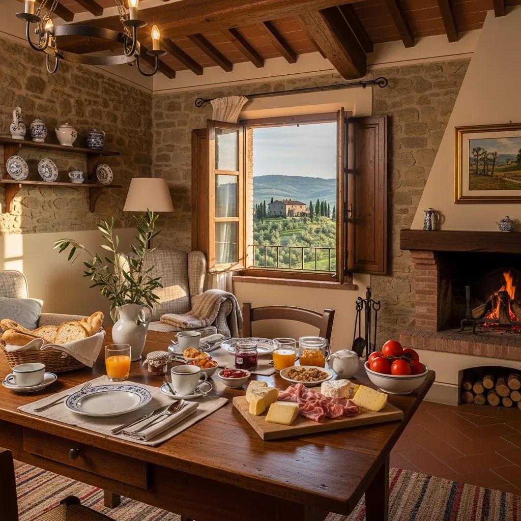 Interior of a traditional Italian bed and breakfast with local breakfast delicacies