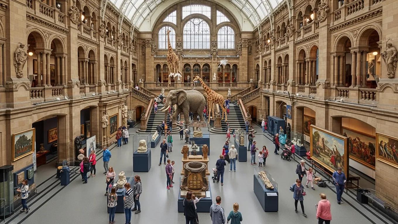 Interior view of Kelvingrove Art Gallery showcasing art exhibits and visitors