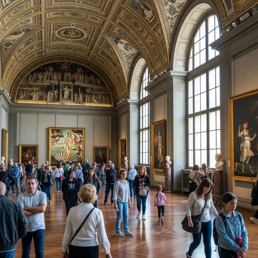 Interior view of the Uffizi Gallery in Florence with visitors admiring Renaissance artworks