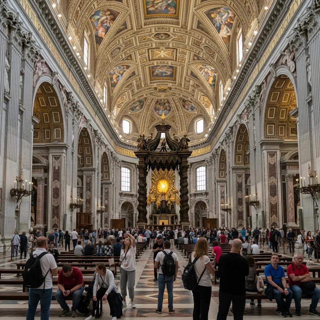 Interior view of the Vatican Museums featuring visitors admiring artwork and the Sistine Chapel ceiling