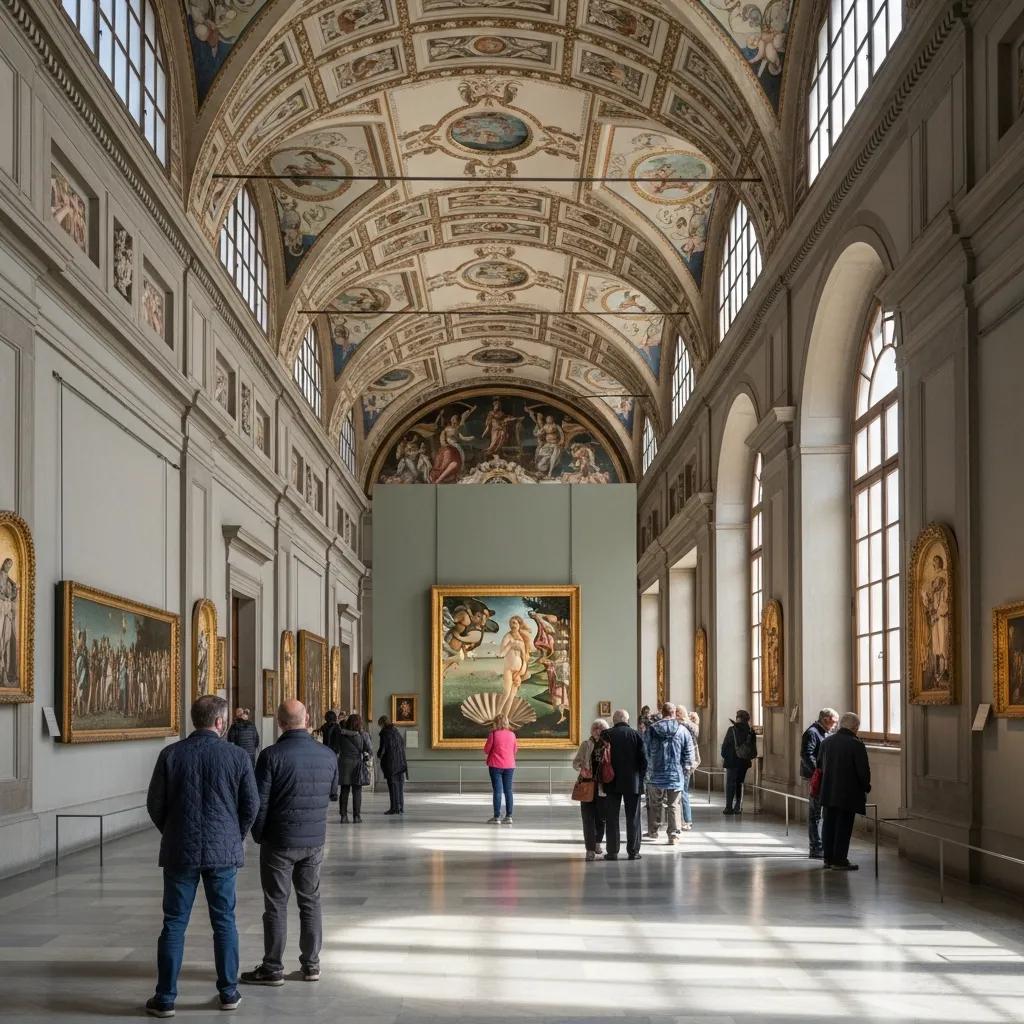 Interior view of Uffizi Gallery showcasing visitors and famous artworks
