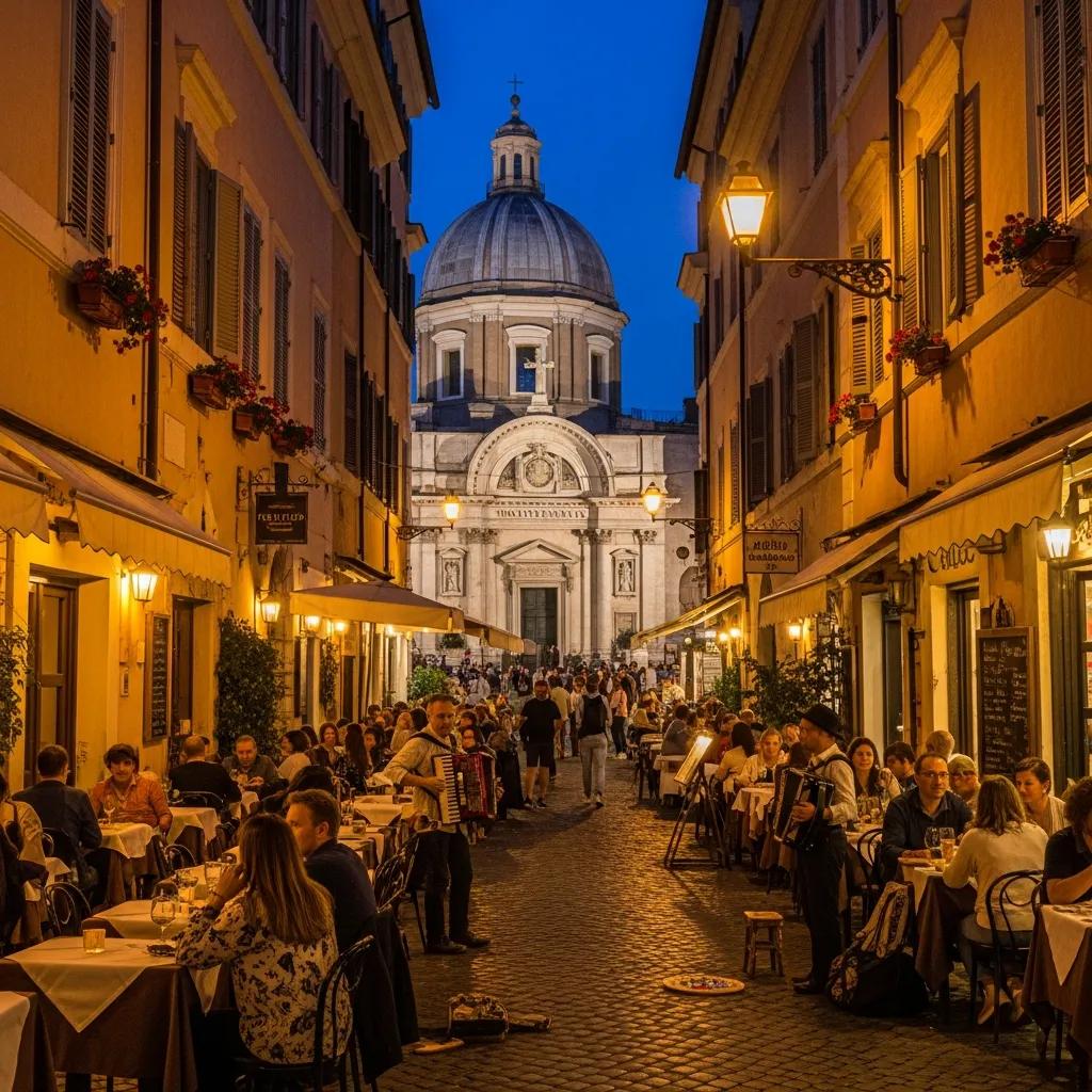 Lively evening scene in Trastevere with outdoor cafes and historical landmarks