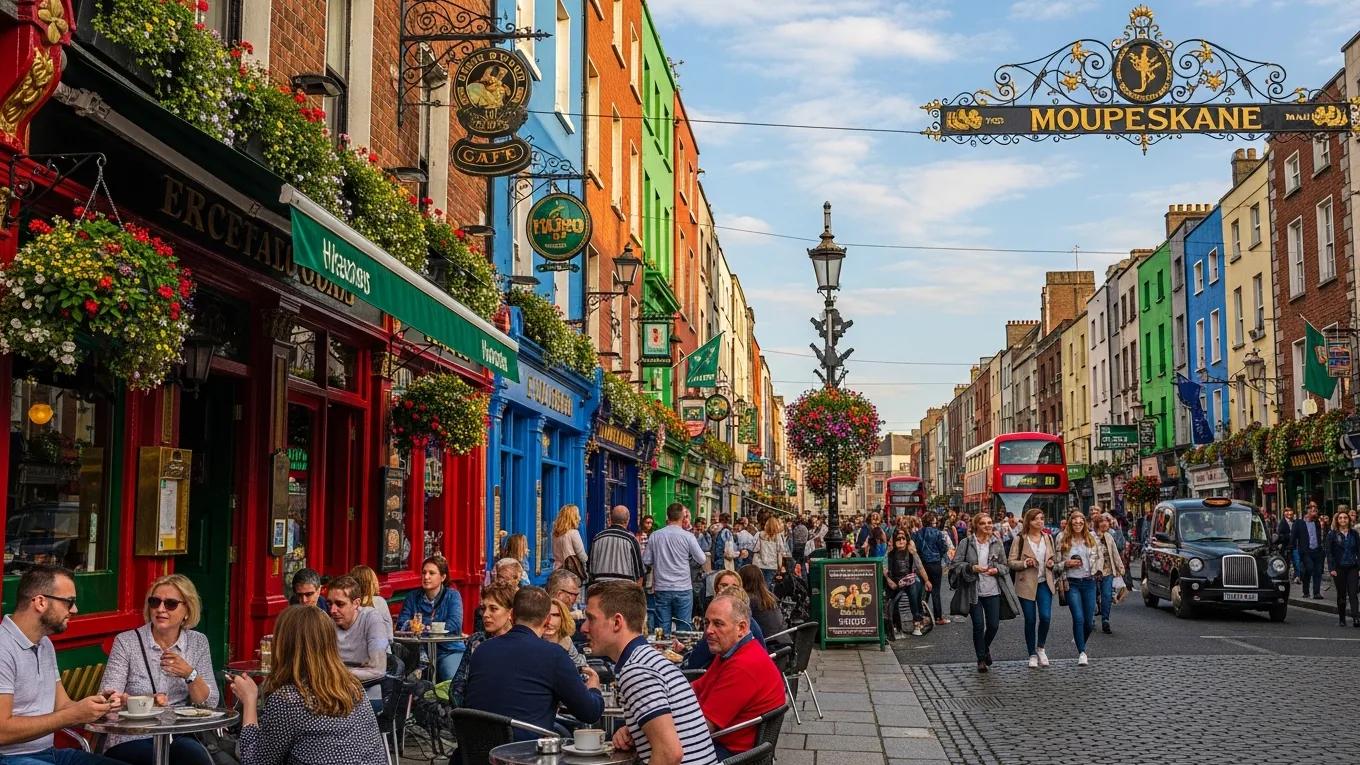 Lively street scene in Dublin with colorful buildings and bustling cafes