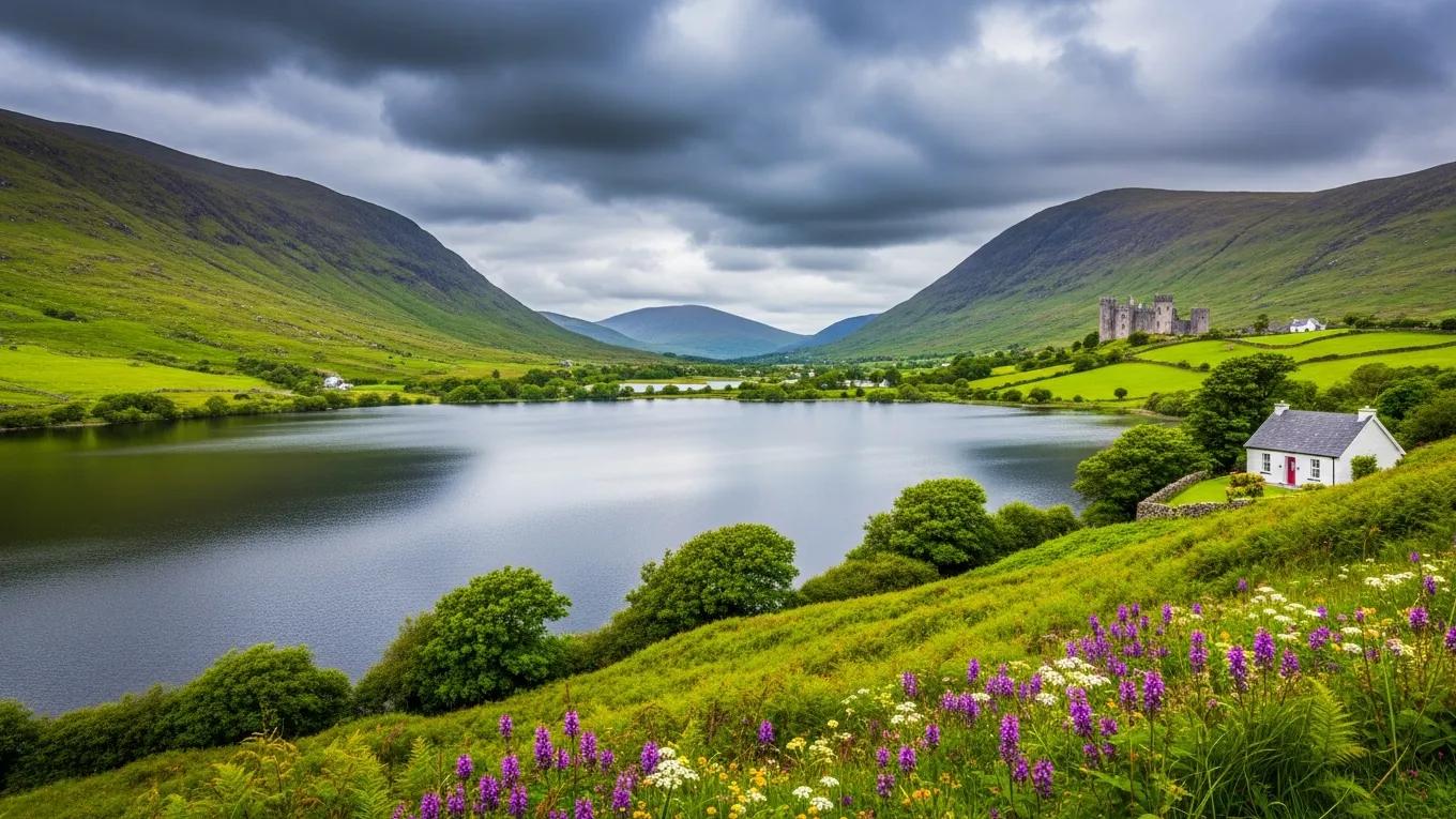 Lush green landscape of Ireland with hills, a lake, and a traditional cottage, representing the beauty of Irish travel.