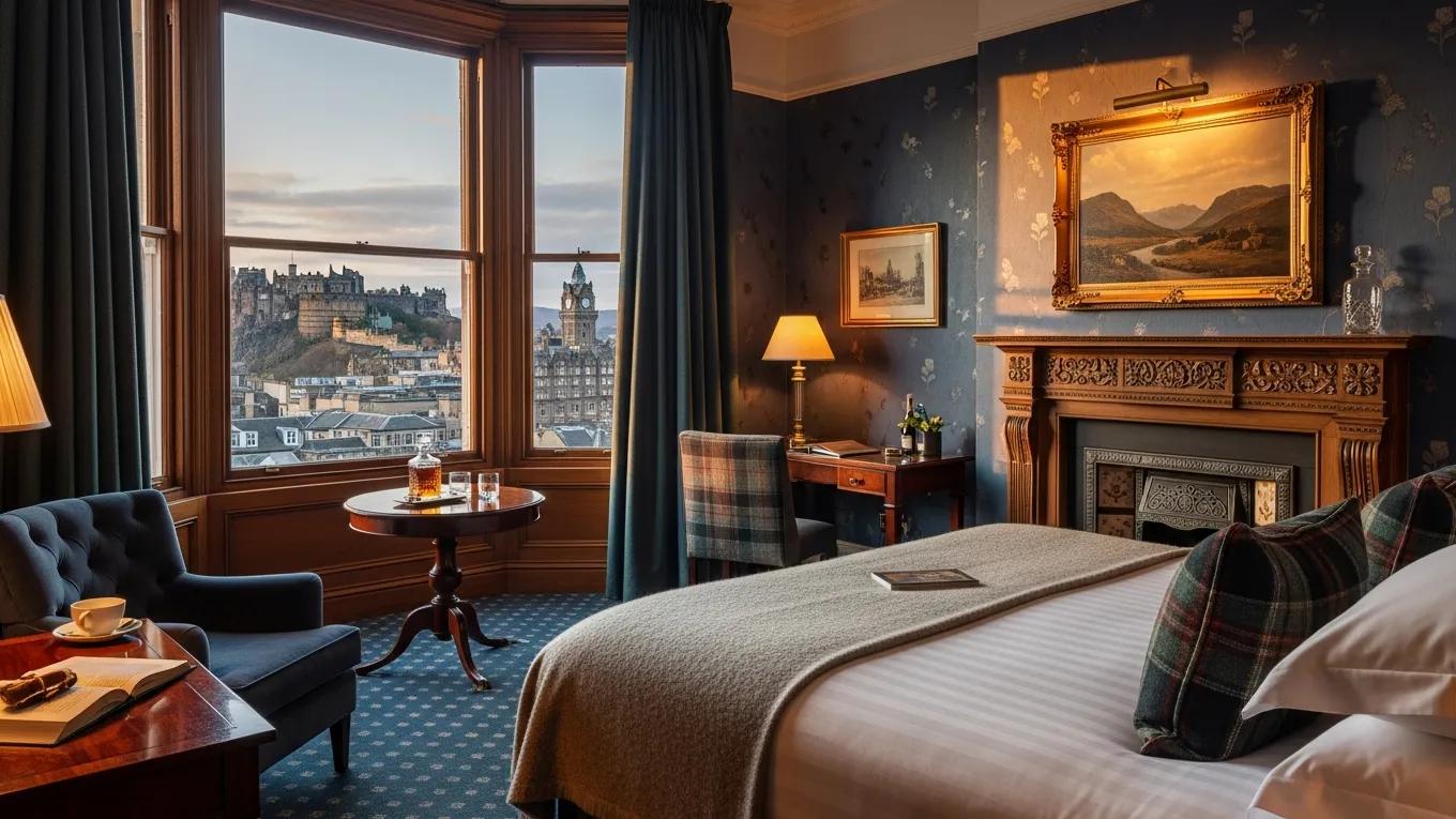 Luxurious hotel room in Edinburgh with elegant decor and a view of the city, representing top accommodation options