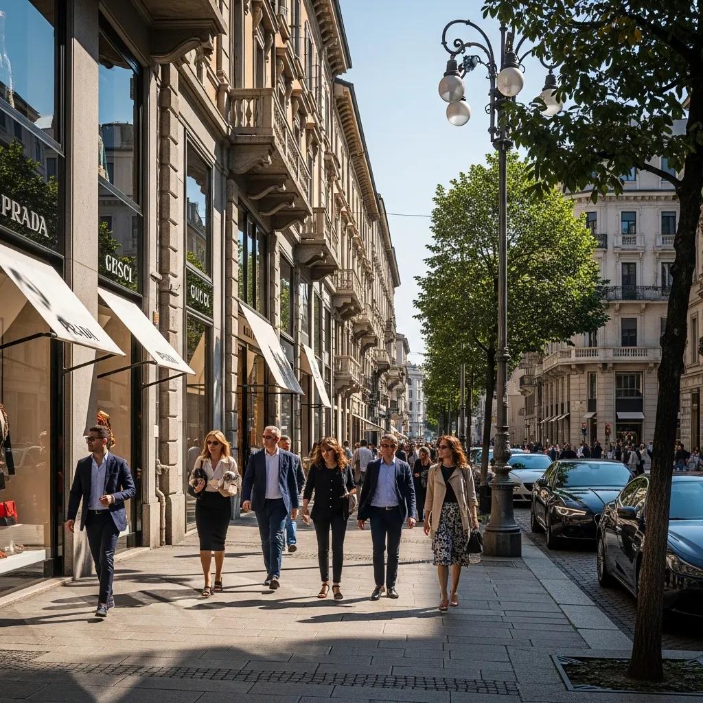 Milan fashion scene with luxury boutiques and stylish pedestrians
