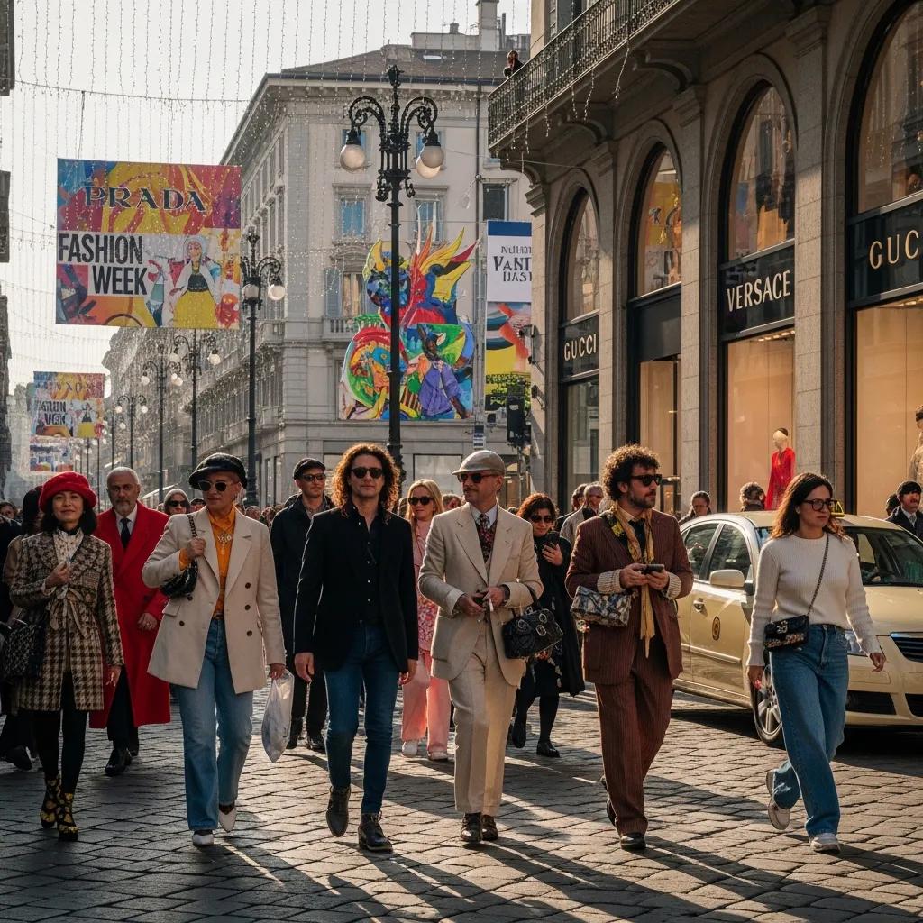 Milan Fashion Week street scene with stylish individuals and fashion boutiques