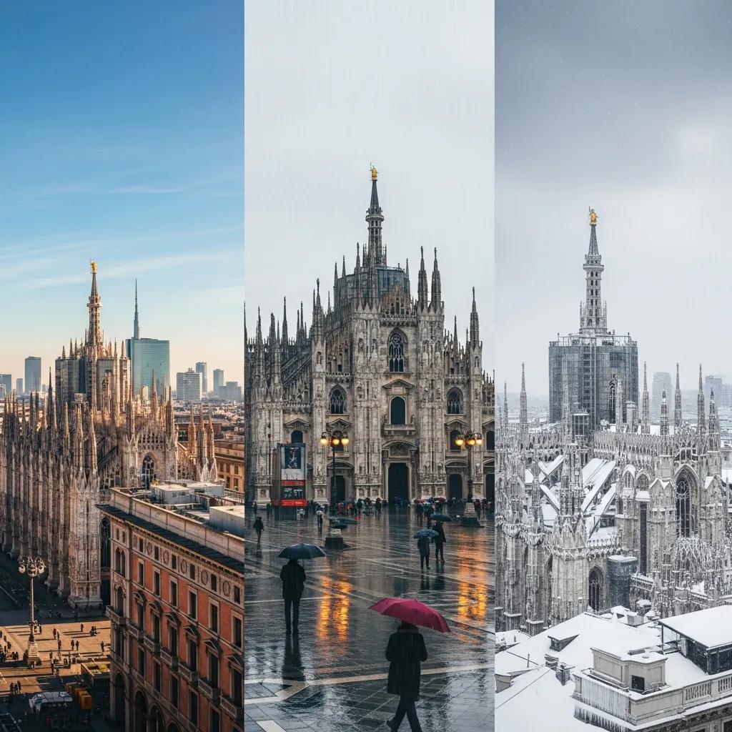 Milan skyline showcasing different weather conditions throughout the year
