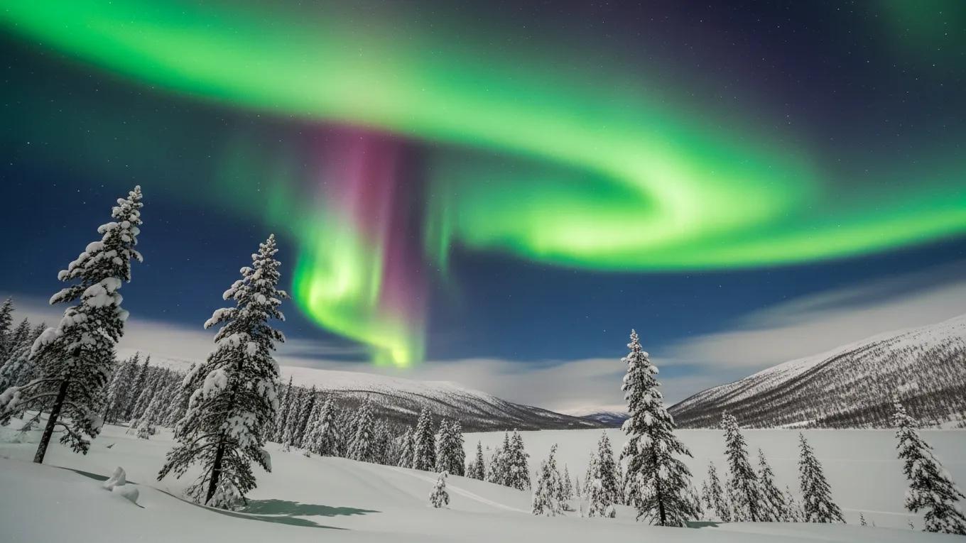 Northern Lights over a snowy landscape in Norway, ideal for viewing during winter months