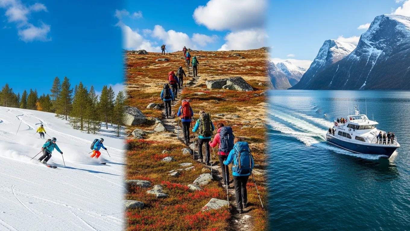 Outdoor adventures in Scandinavia including hiking, fjord cruises, and skiing