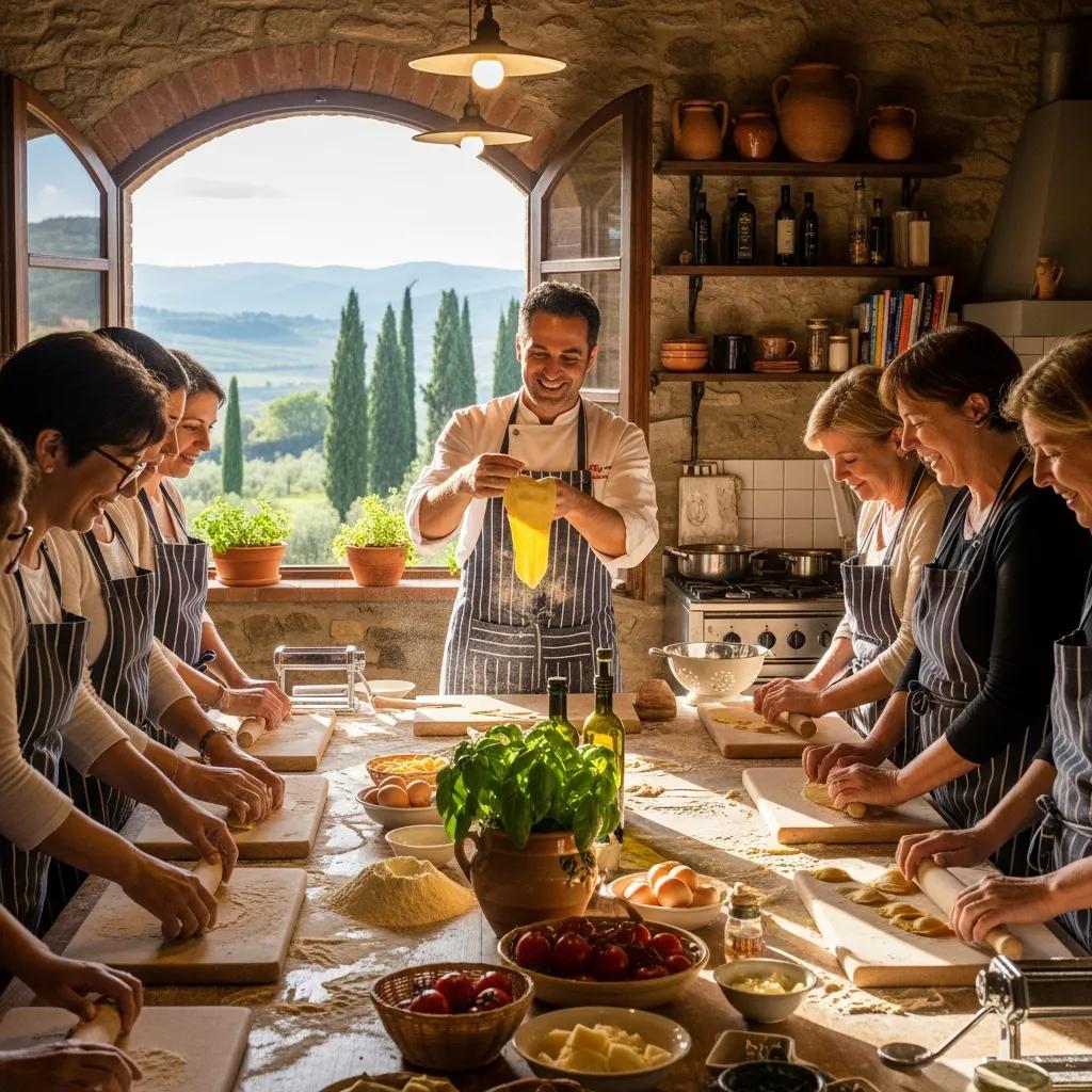 Participants in an Italian cooking class learning to make traditional pasta