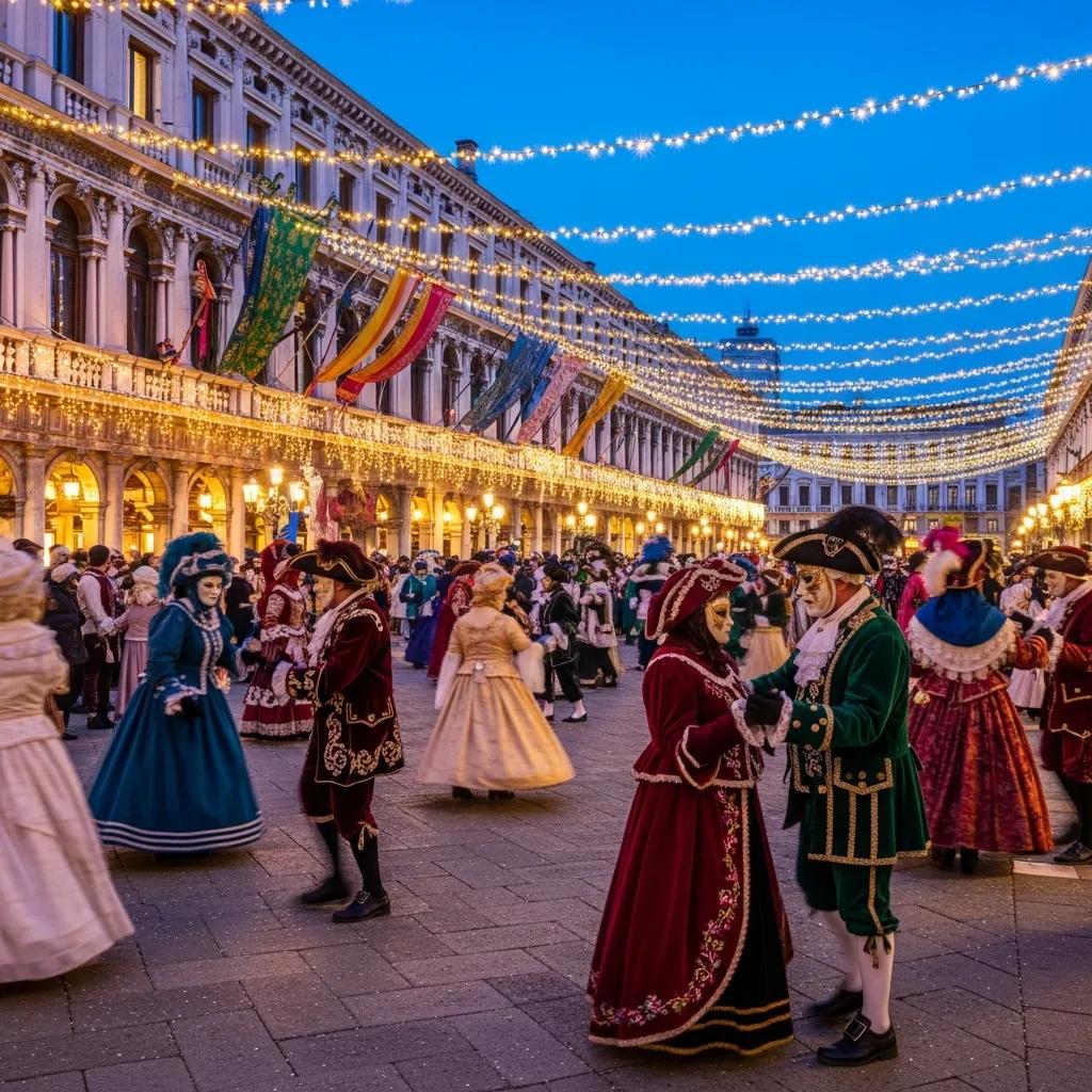 Participants in elaborate masks and costumes celebrating at the Venice Carnival in a historic square